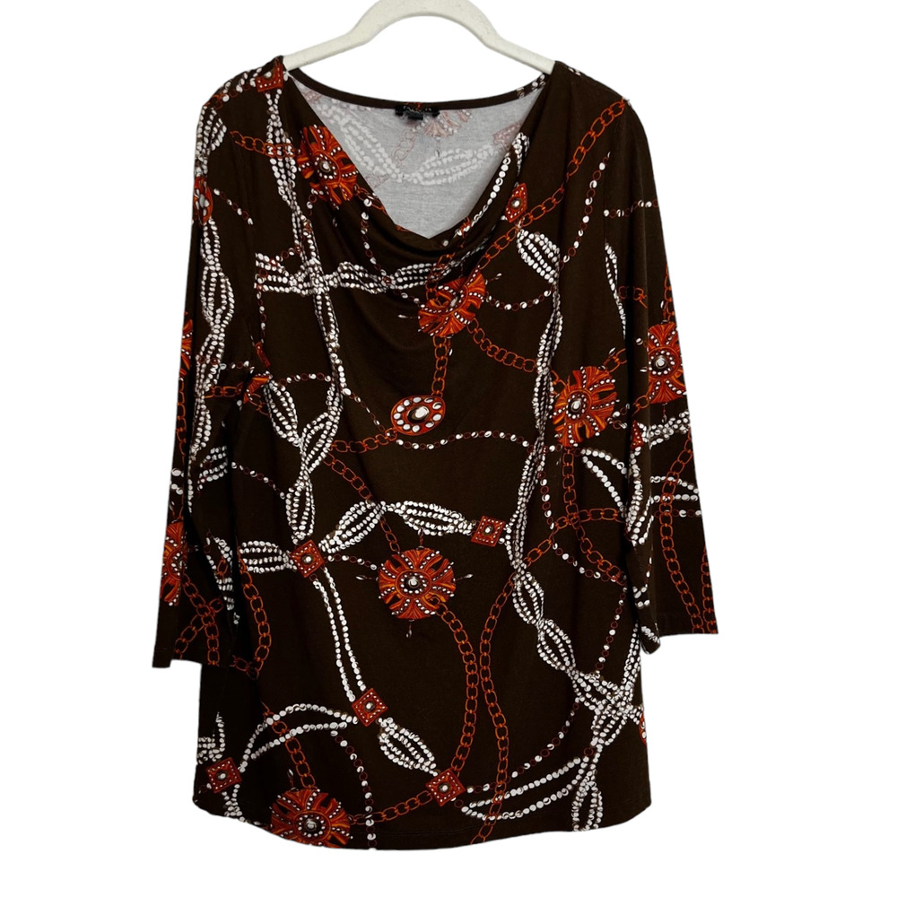 Talbots Womens Top Large Brown Equestrian Print Draped Neck 3/4 Sleeve Rayon Spx
